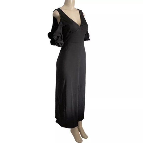 Women's Sultry V-Neck Flounce Sleeves Cold Shoulder Elegant Sexy Maxi Dress - Picture 5 of 6